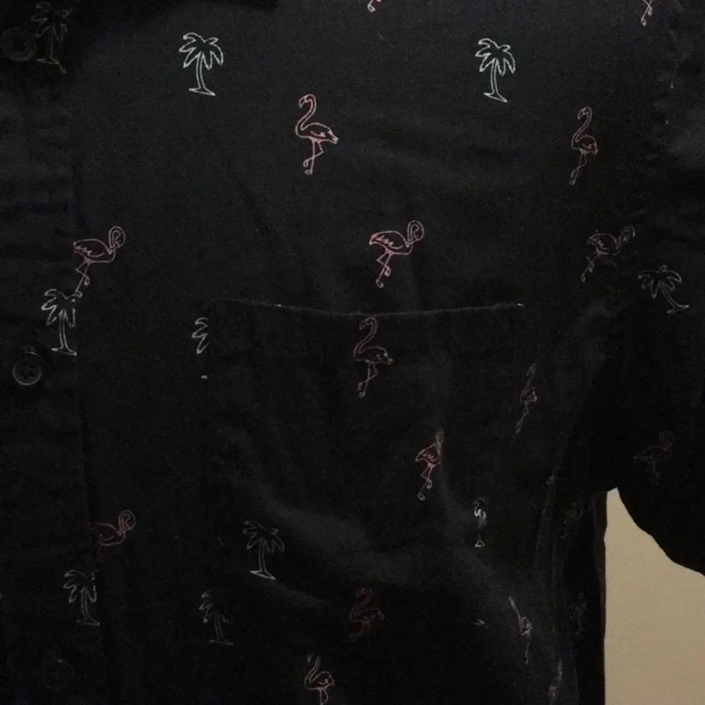 Rebel Star Graphic Flamingo and Palm Tree Casual Button Down Shirt (size XL)